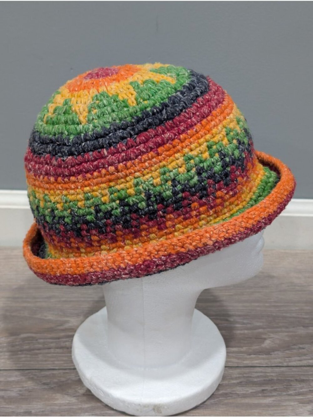Casa De La Lana Bucket Hat Rainbow Handknit 100% Wool Boho Festival Stripe Sun View 5